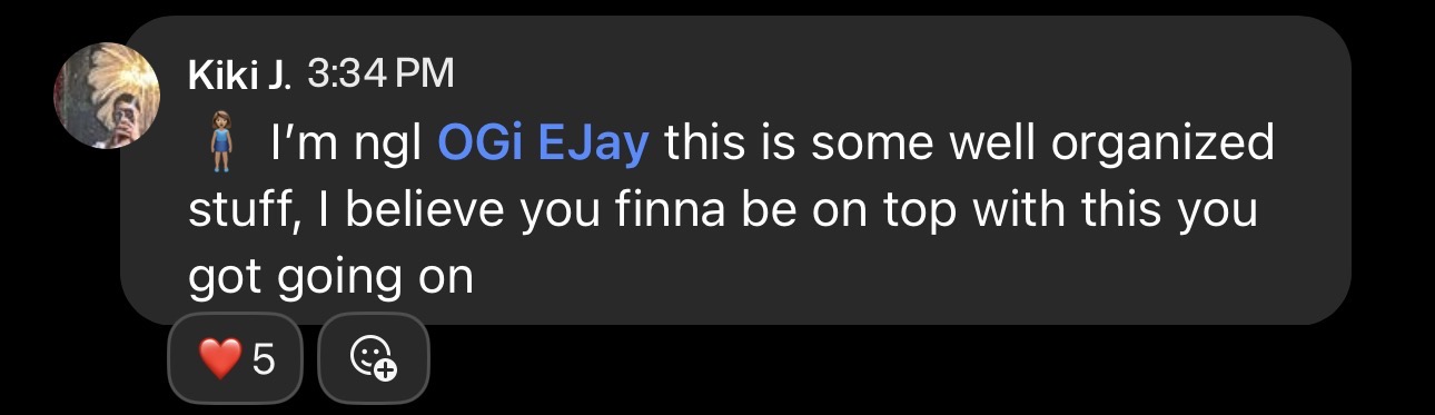 Community message praising EJay’s organization